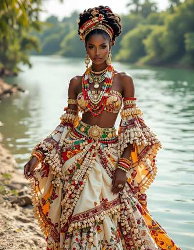 A stunning photograph captures a young African woman standing on a sandy riverbank, her presence commanding the scene. She is adorned in an elaborate, traditional outfit that appears to be inspired by ancient African attire. Her ensemble includes a striking headpiece that resembles a crown, intricately designed with red and gold hues, and embellished with what appear to be precious jewels. Her hair is styled in a high ponytail, adding to the regal appearance.

Her attire is a vibrant, multi-colored ensemble that includes a bra-like top and a flowing skirt, both intricately decorated with beads and sequins in shades of red, gold, and white. The skirt is adorned with a belt featuring a prominent gold buckle, adding to the opulence of her outfit. She accessorizes with large, dangling gold earrings and multiple bracelets on both wrists, further enhancing her regal and festive look.

The background of the photograph is a serene river, with lush green trees lining the opposite shore, creating a picturesque and tranquil setting. The woman stands confidently, gazing directly at the camera, her expression serene and composed. The overall composition of the photograph is both vibrant and peaceful, capturing a moment of cultural beauty and natural splendor.
