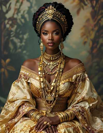 This image portrays a striking African woman adorned in an elaborate, regal ensemble. She wears a golden dress with intricate designs, complemented by a matching golden headpiece that sits atop her black hair. Her attire is further embellished with numerous pieces of gold jewelry, including a choker necklace, several other necklaces, bracelets, and rings. The woman's pose is dignified, with her hands resting on her lap, and she gazes directly at the camera, exuding confidence and grace. The background is a blurred, muted blend of green and brown hues, which serves to highlight her vibrant and detailed attire.
