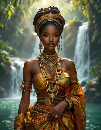 The image depicts a strikingly beautiful young African woman, possibly in her early 20s, adorned in traditional attire. She is wearing an elaborate headdress that resembles a turban, intricately wrapped with gold and blue bands, and embellished with a large brooch at the front. Her long, dark hair is styled in an elegant updo, with a few tendrils gracefully framing her face. She has dark eyes, dark eyebrows, and is wearing makeup that enhances her natural beauty.

Her attire is a stunning gold and orange dress, which appears to be made of a luxurious fabric. The dress features a tube top that leaves her shoulders and arms bare, with a sash that drapes elegantly over her left shoulder. She accessorizes with multiple pieces of jewelry, including a large ring on her right hand, numerous bracelets on her right arm, and several long, ornate necklaces that reach down to her waist. Additionally, she wears large, dangling earrings that add to her regal appearance.

The background of the image is a serene, out-of-focus forest scene with a cascading waterfall, creating a mystical and enchanting atmosphere that complements the woman's majestic presence.