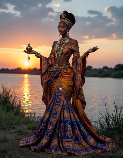 In this captivating photograph, a woman stands gracefully on the sandy shore of a serene lake, with the setting sun casting a warm, golden glow across the scene. She is adorned in a stunning, intricately designed dress that features a vibrant palette of blue, red, and yellow. The dress is form-fitting at the top, accentuating her figure, and flows elegantly to the ground, with a long, flowing skirt that adds to her regal appearance. 

Her hair is styled in a high bun, elegantly wrapped with a headband that complements her dress. She wears an array of ornate necklaces, each one adding to the intricate beauty of her ensemble. In her hands, she holds a small, golden container, which could be a decorative vase or a significant symbolic item. 

The background is a picturesque blend of the lake's shimmering surface and the sky, painted with hues of orange and blue, indicating the tranquil moments of either sunrise or sunset. The overall composition of the image is a harmonious blend of natural beauty and cultural elegance, capturing a moment of serene grace.
