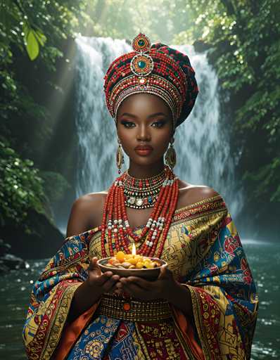 The image depicts a striking African woman adorned in traditional attire, standing in front of a cascading waterfall. She is dressed in a vibrant, multi-colored robe featuring hues of yellow, blue, and red, with intricate patterns that include swirls and lines. Her shoulders are bare, highlighting her elegant neck and chest. She wears a large, ornate necklace composed of red and white beads, with a prominent central pendant. Her head is crowned with a grand headdress, predominantly red with black accents, embellished with three large circular ornaments. She holds a small bowl filled with what appears to be nuts or beans, and a candle is lit within the bowl. Her long, oval-shaped earrings dangle gracefully from her ears. The background showcases a lush, green landscape with trees and a waterfall flowing into a serene body of water, adding to the overall sense of tranquility and natural beauty.