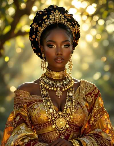 The image depicts a strikingly beautiful African-American woman adorned in an elaborate, traditional outfit. Her attire is a stunning ensemble of gold and red, featuring intricate floral patterns and a low-cut neckline that reveals a hint of cleavage. The dress is off-the-shoulder, with long sleeves that add to its regal appearance. 

Her hair is styled in a voluminous bun, elegantly adorned with a golden headpiece that resembles a crown, embellished with floral designs and encrusted with what appear to be diamonds. She wears long, dangling earrings that complement her ornate necklace, which is a multi-tiered piece of jewelry with gold and diamond accents, extending down to her chest.

The background is a soft, blurred mix of green and yellow hues, with sunlight filtering through, creating a dreamy atmosphere that highlights the woman's radiant presence. The overall effect is one of timeless beauty and cultural richness.