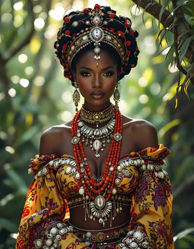 The image depicts a young woman with dark skin, possibly of African or Indian descent, adorned in elaborate traditional attire. She stands in a lush, sunlit forest, with the background blurred to emphasize her presence. Her hair is intricately styled into a large, ornate bun, adorned with a golden headpiece that features a central jewel and extends down to her forehead, resembling a nose ring. She wears large, dangling earrings and a thick, ornate choker necklace, complemented by multiple strands of red beads and additional necklaces with white shells. Her off-the-shoulder dress is a vibrant yellow with floral patterns in shades of red, purple, and blue. The dress reveals her bare shoulders and upper chest, and she appears to be wearing a corset-like top. The overall effect is one of striking beauty and cultural richness, captured in a professional photograph.