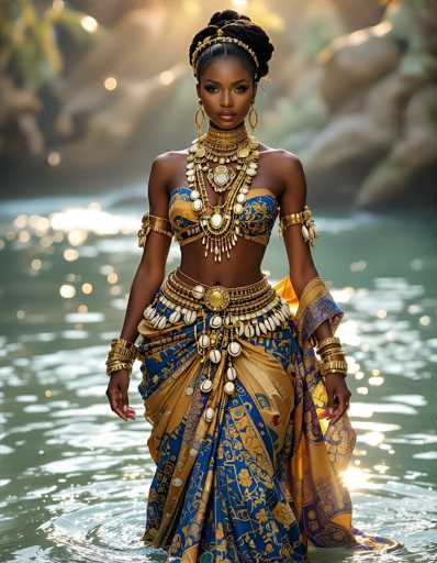 The image features a striking black woman standing in shallow water, with her feet submerged up to her knees. She is adorned in an elaborate, traditional outfit that appears to be inspired by ancient African or possibly Egyptian attire. Her attire includes a golden and blue skirt with intricate designs, a matching bra-like top, and a large, ornate belt around her waist. She is also wearing numerous pieces of gold jewelry, including a thick choker necklace, long earrings, bracelets on her wrists and forearms, and a headband. Her hair is styled in a bun, and she gazes directly at the camera with a composed expression. The background is blurred, revealing hints of rocks and water, with sunlight reflecting off the surface, adding a serene and mystical ambiance to the scene.