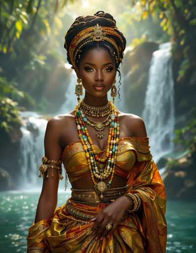 A woman with long dark hair and a gold headband stands before a waterfall in a lush green forest. She is wearing an orange and gold dress that flows down to her feet, and she holds a gold necklace and earrings. The background features the waterfall cascading over rocks into a pool of water below.