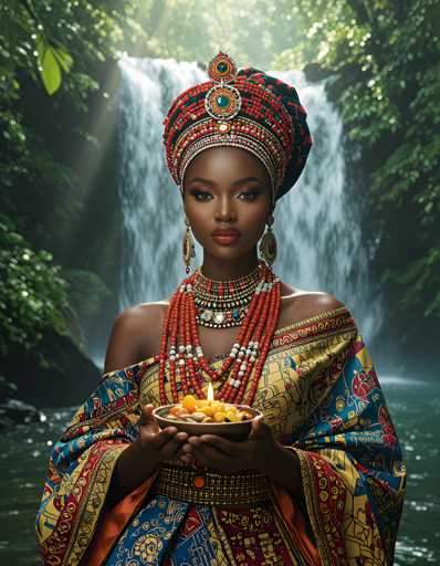 A woman is standing in front of a waterfall with her hair styled in an elegant updo and wearing traditional African attire consisting of a colorful dress adorned with gold accents and intricate beadwork. She holds a bowl filled with fruit on her right hand.