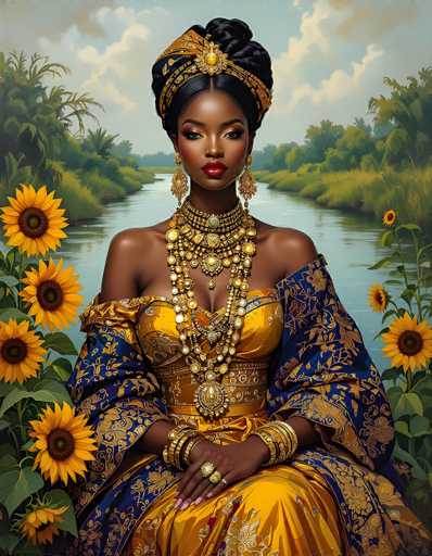 This image portrays a striking African-American woman seated in front of a serene river flanked by lush greenery and vibrant sunflowers. She is adorned in an elaborate, off-the-shoulder yellow gown embellished with intricate blue floral patterns. Her attire is complemented by a matching shawl draped elegantly over her arms. The woman's ensemble is further accentuated by an array of gold jewelry, including a heavy necklace with a prominent pendant, multiple bracelets, and rings on her fingers. Her hair is styled in an ornate updo, adorned with a gold and blue headpiece featuring a central jewel. She gazes directly at the viewer with a composed expression, her lips painted a vivid red. The background reveals a picturesque landscape with a blue sky dotted with clouds, green trees, and grassy banks, creating a harmonious and tranquil setting.