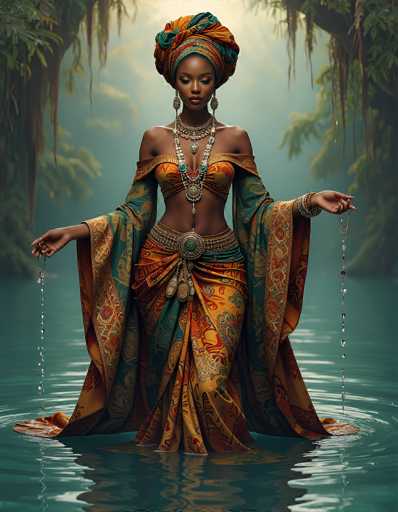 The image depicts a strikingly beautiful African-American woman standing in a serene, shallow body of water. She is adorned in an elaborate, traditional African dress that features a vibrant palette of gold, orange, red, and blue. The dress is intricately designed with a halter top that leaves her midriff exposed, and it flows gracefully around her legs, creating a dramatic effect as it ripples in the water. She wears a large, ornate belt with a prominent buckle, and her ensemble is complemented by a long, flowing cape that adds to her majestic appearance.

Her accessories are equally eye-catching, with multiple necklaces, including a choker and a longer one that extends down to her belly button. She also wears long, dangling earrings and bracelets on her left wrist. In her hands, she holds a string of beads that dangle into the water, adding to the ethereal quality of the scene.

The woman's pose is serene and graceful, with her head tilted downward, eyes closed, and a gentle smile on her face. Her hair is styled in an elaborate updo, adorned with a colorful head wrap that matches her dress. The background features lush greenery with trees and hanging leaves, creating a natural frame that enhances the overall beauty and tranquility of the image. The water around her is clear, with gentle ripples that reflect the sunlight, adding a shimmering effect to the scene.