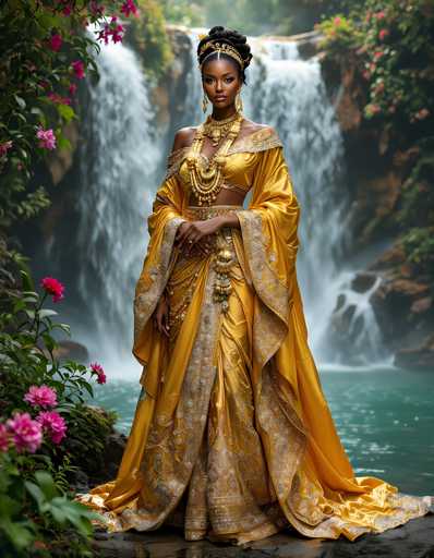 A woman is standing in front of a waterfall wearing an ornate gold and white dress with a large headpiece and earrings. The waterfall is surrounded by pink flowers on either side, creating a serene and picturesque scene.