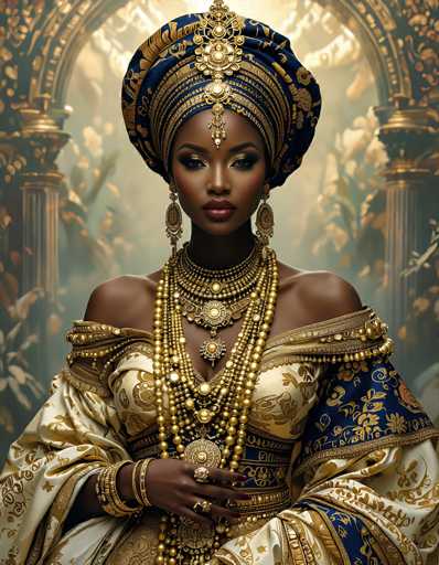 The image depicts a regal African-American woman adorned in an elaborate, ornate outfit. She wears a striking blue and gold turban that extends down to her shoulders, embellished with intricate gold designs and a prominent gold medallion. A long, dangling gold ornament hangs from the center of the turban, resting on her forehead. Her makeup is bold, featuring dark red lipstick and dramatic eye shadow, complementing her dark brown skin.

Her attire is a luxurious gold dress with blue accents, featuring a deep neckline that reveals her shoulders. The dress is adorned with intricate gold patterns and is off-the-shoulder, with long sleeves that drape elegantly. She accessorizes heavily with multiple gold bracelets on her right wrist, several gold rings on her fingers, and an abundance of gold necklaces, some with large medallions and pearls.

The background is a blurred mix of gold and blue hues, with a hint of a golden archway or doorway, adding to the overall majestic and regal atmosphere of the image.