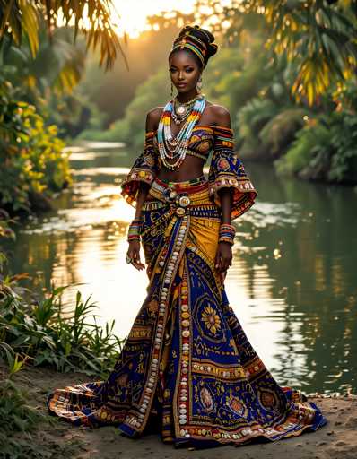A woman is standing on a dirt path next to a river, wearing a blue and gold dress with a large skirt and a headpiece of beads around her neck.