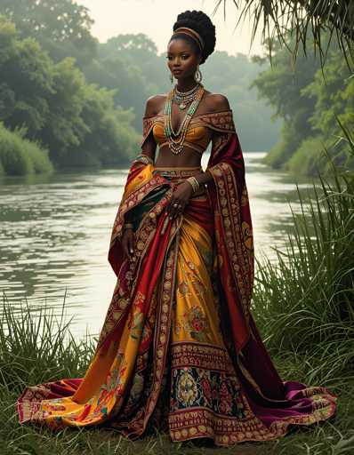 A woman is standing on a grassy area next to a river wearing an ornate gold and red dress with a long train that flows behind her as she gazes out at the water.