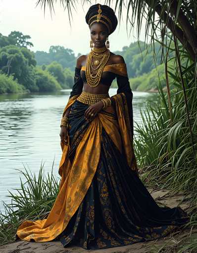 A stunning photograph captures a young African woman standing gracefully on a sandy riverbank, surrounded by lush greenery and a serene river. She is adorned in an exquisite traditional dress, featuring a dark navy blue fabric with intricate gold embroidery. The dress is designed with an asymmetrical off-the-shoulder top, leaving one shoulder elegantly bare. A flowing gold sash drapes from her waist, adding a touch of opulence to her attire. Her ensemble is completed with a matching gold belt and a series of elaborate gold necklaces that cascade down to her waist, complementing her long, dangling earrings. Her hair is styled in a sophisticated bun, adorned with a gold headpiece that enhances her regal appearance. The woman's pose is poised and serene, with one hand resting gently on her hip, exuding confidence and grace.
