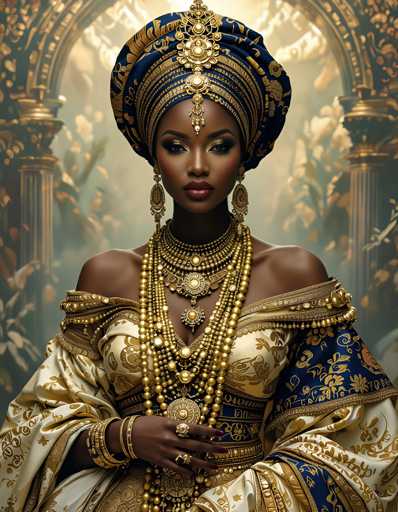 A woman is seen from behind with a regal and majestic appearance. She wears an ornate gold headpiece that crowns her hair, and she drapes a blue cape over her shoulders. The woman's attire consists of a white dress adorned with gold accents, which contrasts beautifully against the dark background. A large gold earring is visible on her left ear, adding to her regal look.

The image does not contain any discernible text or other objects, and there are no actions taking place.