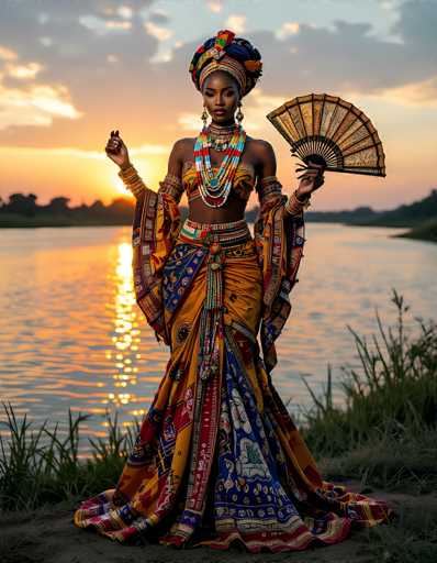 In this captivating photograph, a woman stands gracefully on a grassy bank beside a serene body of water, with the setting sun casting a warm, golden glow across the scene. She is adorned in an elaborate, traditional African dress that features a vibrant palette of yellow, blue, red, and white. The dress is intricately designed with a halter top and a flowing skirt that cascades to the ground, complemented by a matching shawl draped elegantly over her arms. Her attire is further embellished with an array of colorful accessories, including multiple necklaces, bracelets, and a belt that cinches her waist. Her hair is styled in a striking updo, adorned with a headband that matches the hues of her dress. In her left hand, she holds a fan, while her right hand is raised, possibly holding a small object. The background is softly blurred, highlighting the woman as the focal point of the image, with the water and grassy bank adding to the tranquil ambiance.