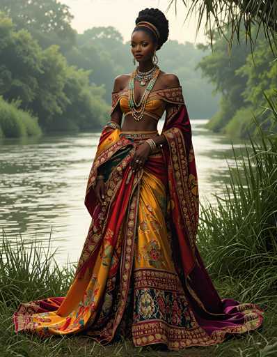 In this captivating image, a woman stands gracefully in a lush, grassy area beside a serene river. She is adorned in a stunning, intricately designed dress that features a vibrant palette of yellow, red, and blue. The dress is accentuated with delicate floral patterns and a flowing cape that drapes elegantly over her shoulders. Her ensemble is complemented by an array of jewelry, including a large, ornate necklace that cascades down her chest, multiple bracelets on her left wrist, and a ring on her right hand. Her hair is styled in a high ponytail, and she wears large, dangling earrings that add to her regal appearance. The background is a picturesque scene of dense trees and a tranquil river, with sunlight reflecting off the water's surface, creating a peaceful and enchanting atmosphere.