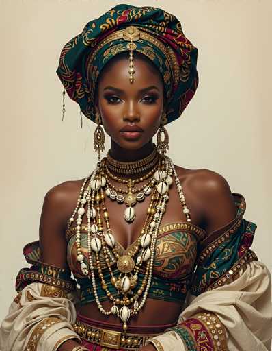 This image features a stunning portrait of a Black woman with a rich, dark complexion. She is adorned in an exquisite, intricately designed outfit that exudes elegance and cultural significance. Her attire includes a form-fitting, sleeveless top that is embellished with gold and green accents, leaving her shoulders bare. The outfit is complemented by a matching skirt that is adorned with a gold belt featuring a prominent buckle. 

Her ensemble is further embellished with an array of gold and white jewelry, including a choker, multiple necklaces, and earrings that dangle gracefully. The jewelry features a mix of gold beads and white stones, adding to the overall opulent look. 

Her head is covered with a headpiece that is predominantly green with gold accents, adding a regal touch to her appearance. The background of the image is a simple, light gray, which allows the focus to remain entirely on the woman and her stunning attire.