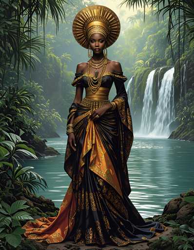 A woman stands in front of a waterfall wearing a black and gold dress with an orange skirt and a large headdress on her head. The background is filled with lush green trees and plants, creating a serene natural setting.