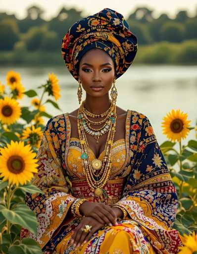 A woman is seated on a bench surrounded by sunflowers and trees. She wears a vibrant yellow dress with gold accents and a blue headscarf. The background features a serene body of water reflecting the sky above.
