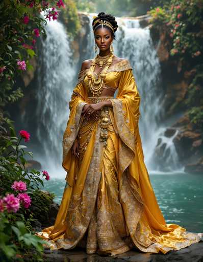 This image features a stunning, AI-generated depiction of a Black woman adorned in an exquisite, golden-yellow gown. The gown is intricately designed with a halter top, leaving her shoulders and upper chest exposed. The fabric elegantly drapes over her hips and extends into a voluminous skirt that cascades to the floor, creating a dramatic train. The gown is embellished with intricate golden patterns, adding a touch of opulence to the ensemble.

The woman's hair is styled in an elegant updo, complemented by a golden headband that sits atop her forehead. Her face is adorned with a variety of jewelry, including long, dangling earrings and a prominent necklace that rests just above her chest. The necklace features a central pendant, adding a touch of grandeur to her attire.

Her pose is poised and graceful, with her hands clasped in front of her waist. She stands on a rocky surface, surrounded by lush greenery, including bushes and trees. The background showcases a serene waterfall, with cascading water flowing into a tranquil pool below. The overall scene exudes a sense of natural beauty and tranquility, perfectly framing the AI-generated woman in her golden attire.
