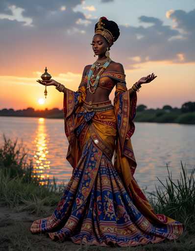 A woman is standing on a grassy area near a body of water at sunset. She is wearing an ornate dress with blue and gold hues that complement the warm colors of the setting sun. The woman holds a golden object in her hands, which she appears to be using or admiring.