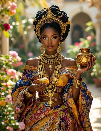 A woman wearing traditional African attire stands in a garden surrounded by pink and white flowers. She holds two gold pots with intricate designs on them.
