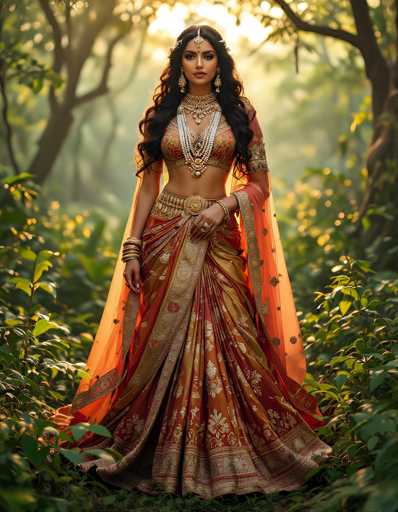 A stunning photograph captures a young Indian woman standing gracefully in a lush, sunlit forest. She is adorned in a vibrant red and gold sari, intricately detailed with floral patterns and a sheer orange overlay that drapes elegantly from her shoulders to her feet. Her midriff is exposed, revealing a matching bra-like top. She wears an elaborate array of jewelry, including a large gold belt buckle, multiple bracelets on her right wrist, and several rings on her fingers. Her long, wavy black hair cascades down, framing her face, which is accentuated by a gold headpiece and dangling earrings. The background is a serene, sun-dappled forest with tall trees and dense foliage, creating a natural, ethereal ambiance. The woman stands confidently, gazing directly at the camera, embodying a timeless beauty and cultural richness.