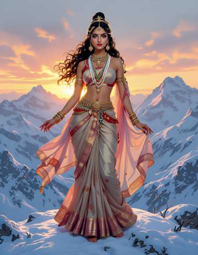 The image depicts a stunning, AI-generated painting of a woman standing barefoot on a snow-covered mountain peak. She is adorned in a traditional Indian outfit, featuring a beige and red sari with intricate gold embroidery, and a sheer pink shawl draped over her shoulders. Her attire includes a cropped top that reveals her midriff and a large, ornate gold belt with a prominent buckle. The woman's long, curly black hair cascades down her back, and she wears elaborate gold jewelry, including a headpiece, earrings, and multiple bracelets on both arms. Her hands are extended to her sides, and she gazes directly at the viewer with a serene expression. The background showcases a breathtaking sunrise or sunset, with the sun peeking over the snow-capped mountains, casting a warm glow across the scene. The sky is a blend of blue and pink hues, with clouds tinged in orange and pink, adding to the ethereal quality of the painting.