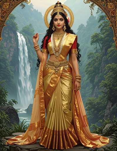 A woman dressed in traditional Indian attire stands majestically on a rock, with her hair styled in an elegant updo and adorned with gold jewelry that glimmers under the light. The backdrop is a lush green forest, with a waterfall cascading down into a pool of water below.