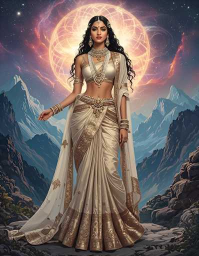 The image depicts a strikingly beautiful woman of Indian descent, adorned in traditional attire. She stands confidently on a rocky surface, with a backdrop of majestic, snow-capped mountains. The night sky behind her is a mesmerizing blend of purple and blue hues, dotted with stars, and features a large, glowing yellow orb that resembles a planet or moon.

Her long, wavy black hair cascades down her shoulders, complementing her elaborate jewelry. A golden chain drapes over her shoulders, and she wears a thick, ornate necklace that extends down to her waist. Her midriff is exposed, and she dons a flowing, golden skirt that reaches the ground, adorned with intricate designs. A white sash with golden accents drapes elegantly over her left shoulder and extends down to her feet.

Her wrists are adorned with multiple bracelets, and she wears a ring on her left hand. A golden chain with a medallion hangs from her neck, adding to her regal appearance. A delicate piece of jewelry rests on her forehead, and she gazes directly at the viewer with a serene expression. The overall scene exudes a sense of ancient beauty and mysticism, enhanced by the ethereal glow of the celestial body behind her.