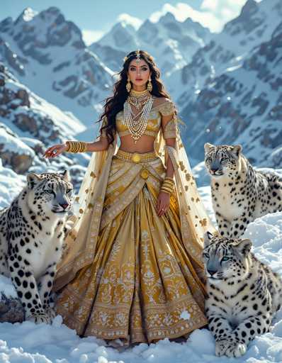 In this captivating image, a woman stands gracefully in a snowy mountain landscape, adorned in an elaborate Indian-style dress. The dress features a striking gold and white floral pattern, with a midriff-baring top that transitions into a voluminous skirt. She wears a long, flowing gold cape that complements her attire. Her ensemble is accentuated by an array of jewelry, including a large gold belt buckle, multiple bracelets, and a necklace with a prominent pendant. Her long, dark hair cascades down her back, and she wears a headpiece that adds to her regal appearance. 

Surrounding her are three majestic snow leopards, their white fur with black spots blending seamlessly with the snowy environment. The leopards are positioned around her: one to her left, one to her right, and another at the bottom right of the image. The background reveals a majestic mountain range, its peaks dusted with snow, under a clear blue sky. The scene is serene and picturesque, capturing the essence of both natural beauty and cultural elegance.