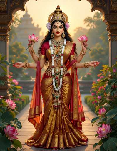 The image depicts a detailed, AI-generated illustration of a Hindu goddess, likely representing Lakshmi, seated in a garden. The goddess has four arms, each holding a pink lotus flower, and is adorned with an elaborate gold and red sari. She wears a golden crown with a jewel at the center and a red bindi on her forehead. Her attire includes multiple pieces of jewelry, such as necklaces, bracelets, and a large white beaded necklace that drapes down to her feet. The background features a golden archway, lush greenery, and a distant temple, all bathed in the warm hues of a setting sun. The overall scene is vibrant and colorful, with the focus on the goddess's ornate appearance and serene expression.