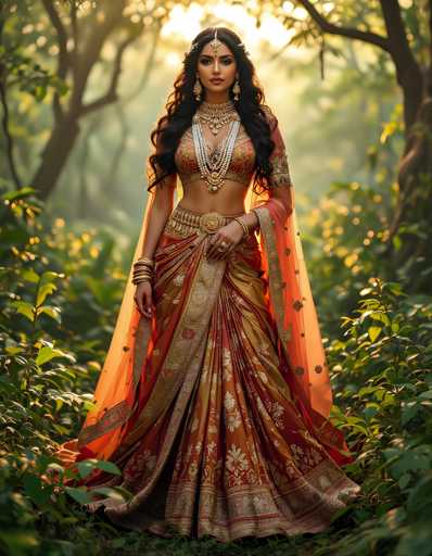 A woman is standing in front of a forest with trees and bushes behind her. She is wearing an orange and gold saree that has intricate designs on it. The saree is long and flows down to the ground, creating a sense of movement as she stands still. On her head, she wears a gold headpiece adorned with jewels.