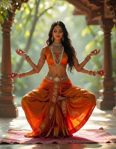The image depicts a woman with four arms, dressed in traditional Indian attire, seated in a meditative pose on a pink rug. She is adorned in an orange outfit with intricate gold embroidery, featuring a midriff-baring top and a flowing skirt. Her attire is complemented by a large, ornate belt with a prominent gold buckle and multiple bangles on her wrists. She wears elaborate jewelry, including a heavy choker necklace, long dangly earrings, and a forehead ornament. Her long, dark hair cascades down as she looks downward with her eyes closed, exuding a sense of tranquility. The background reveals a blurred outdoor setting with trees and sunlight filtering through, framed by brown pillars on either side. The overall scene suggests a serene and spiritual atmosphere, possibly within a temple or garden.
