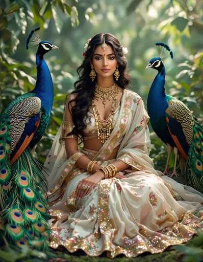 In this captivating photograph, a young woman of Indian descent is seated gracefully on the ground, surrounded by lush greenery. She is adorned in a stunning, intricately designed dress that features a blend of white and gold hues, embellished with delicate floral patterns. The dress is low-cut, revealing her midriff, and she accessorizes with numerous gold bangles on her wrists and a large ring on her right hand. Her long, wavy black hair cascades down her shoulders, and she wears elegant gold earrings that dangle from her ears. A striking red bindi adorns her forehead, complementing the ornate gold headpiece that sits atop her hair. Her makeup is meticulously applied, enhancing her natural beauty.

Flanking her on either side are two majestic blue peacocks, their vibrant plumage adding to the scene's opulence. The peacock on her left is positioned slightly higher, gazing off to the right, while the one on her right is slightly lower, looking towards the left. Both birds are adorned with intricate black and white feathers, and their tails fan out in a display of nature's artistry. The peacock on the left has a distinctive black and white face with a yellow beak, while the one on the right features a yellow face with a black beak. The background is a blur of green leaves, creating a serene and natural setting that highlights the woman's regal presence and the peacocks' splendor.