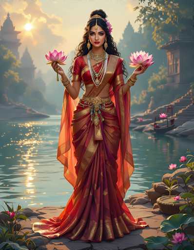 The image depicts a stunning, AI-generated painting of a woman standing on a rocky outcrop by a serene lake. She is adorned in a vibrant red and gold sari, complemented by an array of intricate jewelry including a large choker, long earrings, bangles, and a gold belt. Her long, dark hair is styled with a headband and a flower, and she wears red lipstick. In each hand, she holds a pink lotus flower, symbolizing purity and enlightenment. The background features a picturesque scene with a sunlit sky, distant mountains, and a temple-like structure on the right. A small boat with a person rowing can be seen on the lake, adding to the tranquil ambiance. The overall composition is rich in detail, capturing the essence of a serene and culturally evocative moment.