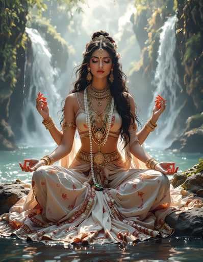The image depicts a serene and mystical scene of a woman, possibly an AI-generated figure, sitting cross-legged on a rock in the middle of a flowing river. She has four arms, each adorned with multiple gold bangles, and is dressed in an elaborate, cream-colored sari embellished with intricate gold and red patterns. The sari features a prominent gold belt with a large medallion at the center, and her skirt is decorated with red flowers and gold trim. She wears a matching cream-colored bra top with gold trim, and her long, wavy black hair cascades down her shoulders. Her eyes are closed, and she wears red lipstick, a bindi on her forehead, and large gold earrings. A golden chain necklace with a medallion hangs around her neck, complementing her ornate appearance. Her hands are raised with fingers splayed, and she holds small red cups in each hand. The background reveals a lush, green landscape with two waterfalls flowing into the river, adding to the tranquil and enchanting atmosphere of the scene.