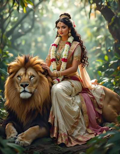 In this captivating image, a woman of Indian descent is seated gracefully atop a majestic lion. She is adorned in a stunning beige dress with intricate gold and red trim, which flows elegantly around her. Her attire is complemented by a matching beige shawl, also embellished with gold and red accents. Around her neck, she wears a striking garland composed of white and red flowers, adding a vibrant touch to her ensemble. Her long, wavy black hair cascades down her back, and she wears a gold headband that sits atop her bun, with a delicate gold chain hanging from it. A red dot adorns her forehead, and she gazes directly at the camera with a serene expression. The lion beneath her is a rich brown color, with a darker brown mane that transitions to a lighter brown at the tips. Its piercing yellow eyes and powerful presence add to the image's grandeur. The background is a lush, green forest, with sunlight filtering through the trees, creating a soft, ethereal glow that enhances the overall beauty of the scene.