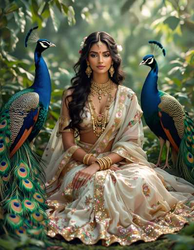 A woman is seated on the ground with two peacocks standing behind her. The peacock on the left has a blue and green body adorned with a gold headpiece, while the peacock on the right has an orange and black body with a gold headpiece.