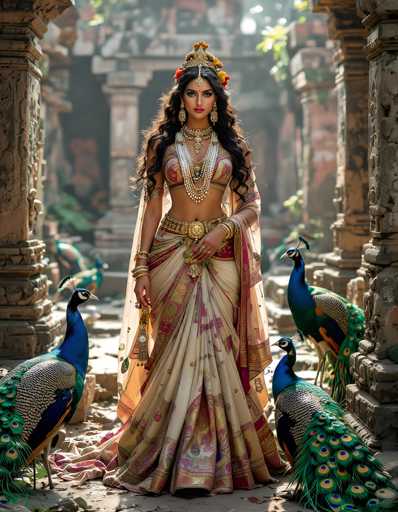 In this captivating photograph, a woman stands gracefully in front of ancient stone ruins, exuding an aura of timeless elegance. She is adorned in a stunning, intricately designed dress that features a vibrant palette of red, pink, and gold. The dress is form-fitting, accentuating her figure, and transitions into a flowing skirt that elegantly drapes to the ground. 

Her ensemble is complemented by a large, ornate belt with a prominent gold buckle, adding a touch of regal flair. She wears a long, flowing scarf that cascades down her back, enhancing the overall grandeur of her attire. Her accessories are equally impressive, including a large, elaborate necklace that rests on her chest, and a grand headpiece that crowns her head. 

Her long, wavy hair cascades down, framing her face beautifully. She stands with one hand resting gently on her hip, exuding confidence and poise. Surrounding her are four majestic peacocks, their colorful plumage adding to the scene's splendor. The peacocks are positioned with two on her left and two on her right, creating a harmonious and symmetrical arrangement.

The backdrop of ancient stone ruins provides a rich historical context, with weathered columns and walls hinting at the site's storied past. The scene is bathed in natural light, which enhances the vivid colors of her attire and the surrounding environment, creating a visually striking and memorable image.
