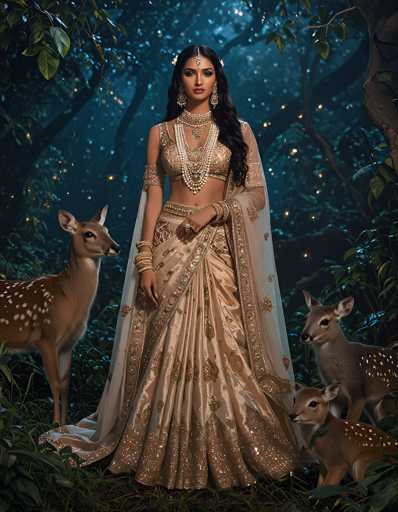 In this captivating nighttime forest scene, a young woman of Indian descent stands gracefully at the center, adorned in an exquisite traditional Indian outfit. Her attire features a shimmering gold skirt with intricate designs and a matching gold bra top, complemented by a sheer white shawl draped over her left shoulder. She wears an elaborate array of jewelry, including multiple necklaces, bracelets, and a forehead ornament, enhancing her regal appearance. Her long, wavy black hair cascades down her back, and she gazes directly at the camera with a serene expression.

Surrounding her are three adorable baby deer with white spots on their brown fur, positioned to her left and right. The deer on the left looks up at her, while the two on the right gaze towards the camera, adding a touch of whimsy to the scene. The background is a dark, dense forest with trees silhouetted against a starry sky, creating a mystical and enchanting atmosphere. The overall composition suggests a digitally created or AI-generated image, blending realism with fantasy.