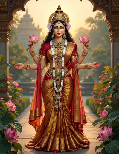 A digital illustration of a Hindu goddess dressed in traditional Indian attire, holding flowers and standing on a pedestal with her hands raised in a gesture of respect or prayer. The background features lush greenery and pink flowers, creating a serene and tranquil atmosphere.