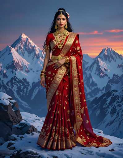 A stunning digital artwork captures a woman of Indian descent standing gracefully on a snow-covered mountain peak. She is adorned in a vibrant red sari embellished with intricate gold floral patterns and delicate leaf designs. The sari features a prominent gold-bordered hem that adds an elegant touch to her attire. Draped over her left shoulder, a long, flowing scarf cascades down to the ground, enhancing the regal appearance.

Her ensemble is complemented by a matching red skirt that mirrors the sari's gold floral motifs. A thick, ornate gold belt cinches her waist, accentuating her figure. She wears a striking gold necklace adorned with a large pendant, and her ears are decorated with long, dangling gold earrings. Her head is crowned with a golden headpiece that features a central jewel, adding to her majestic look. Her long, black hair is elegantly styled, with a red flower tucked behind her left ear.

In the background, a majestic mountain range stretches across the horizon, its peaks dusted with snow. The sky above is a mesmerizing blend of blue and pink hues, with the sun setting on the right side of the image, casting a warm glow over the scene. The woman stands poised, her right hand resting gently on her hip, exuding a serene and regal presence.