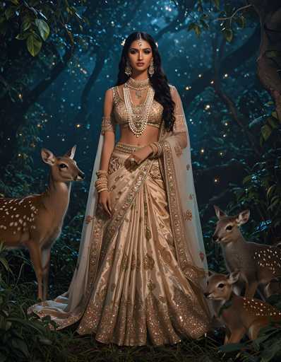 A woman is standing in front of a forest with deer on either side of her. She is wearing a traditional Indian outfit that includes a white and gold dress adorned with intricate embroidery. The background features trees and bushes, creating an impressionistic style reminiscent of the Hudson River School paintings from the 19th century.