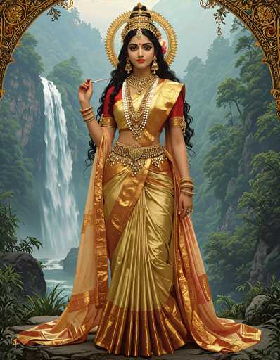 The image depicts a detailed painting of a woman standing on a rocky outcrop in a lush, green forest with a waterfall cascading down the left side. She is adorned in a vibrant red and gold sari, complemented by a matching gold skirt. Her attire is intricately embellished with numerous pieces of jewelry, including a thick gold belt with a large medallion, multiple bracelets on both wrists, and a necklace featuring a prominent gold medallion. She also wears a golden headpiece with a circular halo around it, and her long, wavy black hair flows down her back. The woman, who appears to be of Indian descent, holds a stick or wand in her right hand and gazes directly at the viewer with a serene expression. The background features a misty, foggy atmosphere, adding to the ethereal quality of the scene.