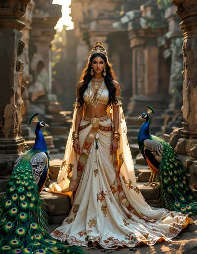 A woman is standing on a stone platform with two peacocks behind her. The peacock on the left has blue and white feathers while the one on the right has green and yellow feathers. The woman is wearing a white dress adorned with gold embroidery and a crown on her head, suggesting she may be royalty or a deity.