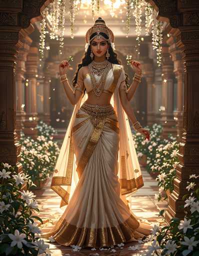 The image depicts a highly detailed, computer-generated illustration of a woman who appears to be of Indian or Middle Eastern descent. She is adorned in an elaborate, traditional outfit that includes a white and gold dress with intricate gold trim, a matching gold sash, and a sheer, see-through shawl. Her attire is complemented by numerous pieces of jewelry, including a large, ornate necklace, bracelets on both wrists, and a striking headdress that resembles a crown with a red dot on her forehead. The woman has long, dark hair and is holding a green leaf in her right hand. She stands barefoot in a grand, ornate archway made of brown stone, which is decorated with white flowers and green leaves. The archway features multiple columns and hanging white flowers, creating a majestic and regal atmosphere. The scene is bathed in sunlight, adding to the ethereal quality of the image.