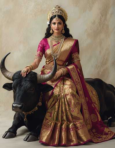 The image depicts a woman adorned in traditional Indian attire, seated on a black bull. She is wearing a vibrant red and gold sari, complemented by an elaborate golden headdress that extends down to her forehead. Her long, dark hair cascades down her back, and she is adorned with numerous pieces of jewelry, including a large choker necklace, earrings, bracelets, and rings. The bull, which is positioned on the left side of the image, is also dressed in a golden necklace and has its front legs extended forward. The background features a blend of light brown and gray hues, creating a neutral backdrop that highlights the rich colors of the woman's attire and the bull. The woman gazes directly at the camera, exuding a sense of regality and cultural significance.