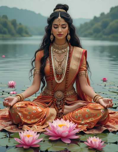 In this captivating image, a serene woman of Indian descent is depicted in a meditative state, seated gracefully on a bed of lily pads in the middle of a tranquil lake. Her long, dark hair cascades down her back, adorned with an ornate gold headpiece that features a prominent jewel hanging between her eyebrows. She is dressed in a vibrant orange sari, intricately patterned with floral designs, and complemented by a matching skirt. Her attire is further embellished with an array of gold bangles on her wrists and arms, and a collection of elaborate gold necklaces, including a long, beaded necklace that extends down to her lap. The woman's eyes are closed, and her expression exudes peace and contentment as she sits with her legs crossed, hands resting on her knees. Surrounding her are numerous pink and white lotus flowers, their delicate petals floating gently on the water's surface. The background reveals a picturesque landscape of rolling hills and distant mountains, adding to the overall sense of tranquility and natural beauty.