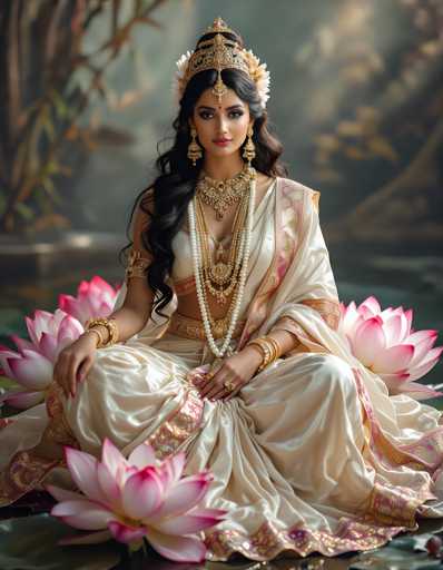 A woman is seated on her hands and knees with a white dress adorned with pink flowers and gold jewelry. She wears a crown on her head and has long dark hair. The background features trees and water, creating an impression of being in nature or near a body of water.